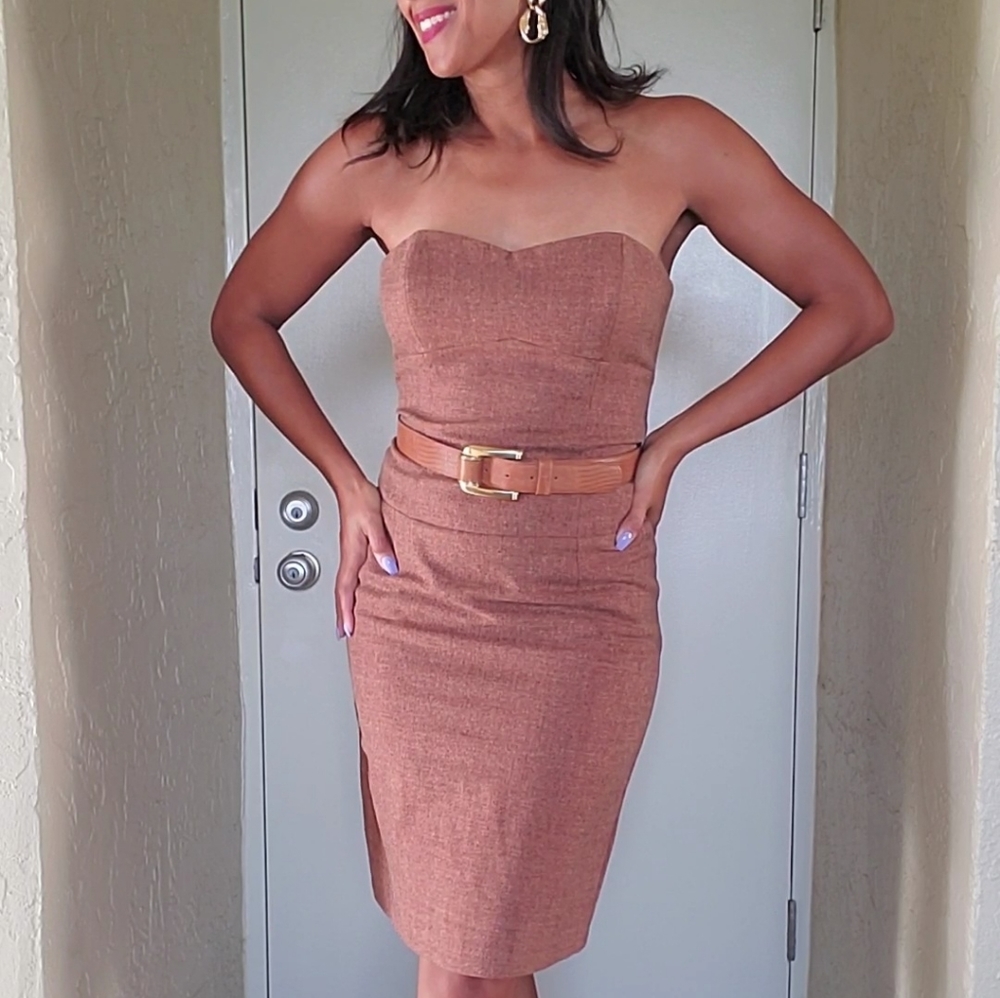 Strapless Brown Wool Sweetheart Neck Dress, Sz 6